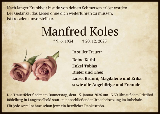Traueranzeige von Manfred Koles von OFHA