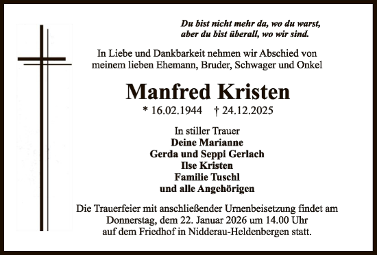 Traueranzeige von Manfred Kristen von OFHA