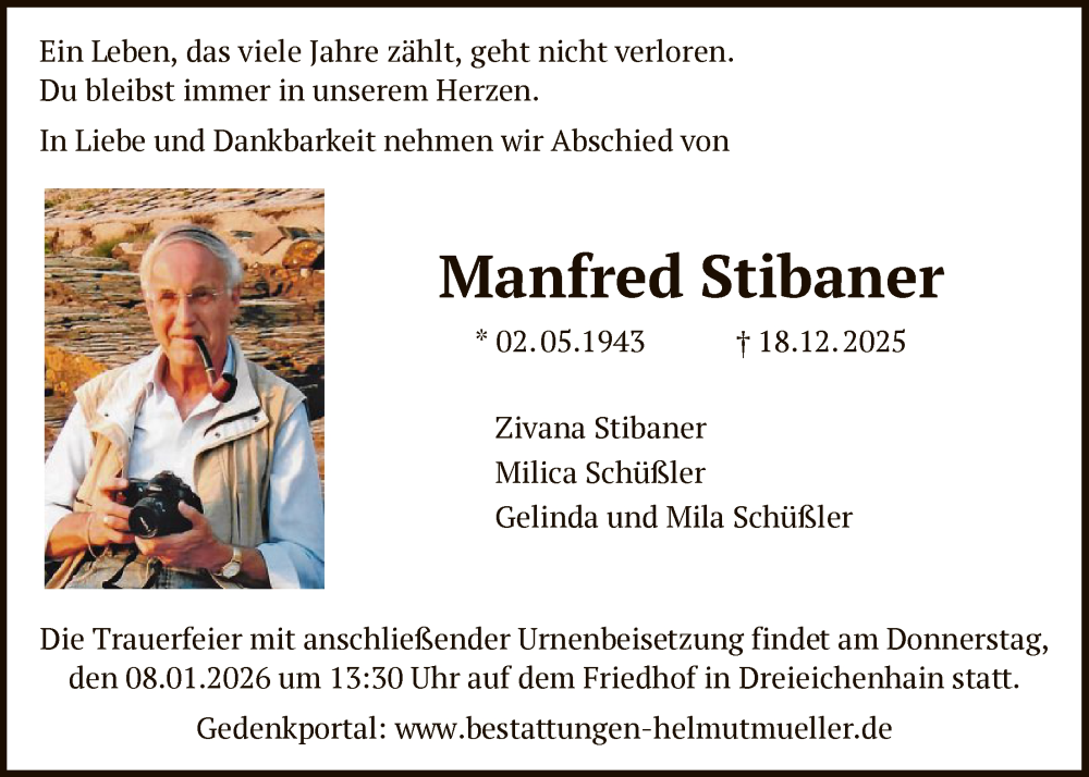  Traueranzeige für Manfred Stibaner vom 03.01.2026 aus OF0W