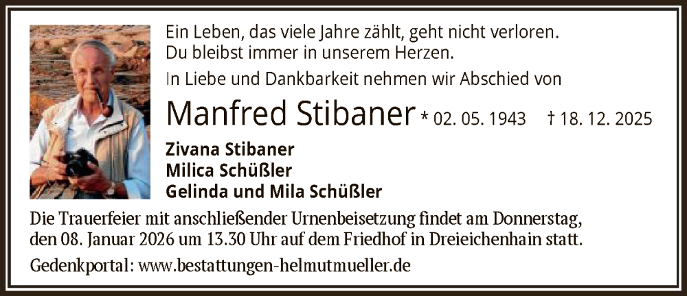  Traueranzeige für Manfred Stibaner vom 03.01.2026 aus FNP