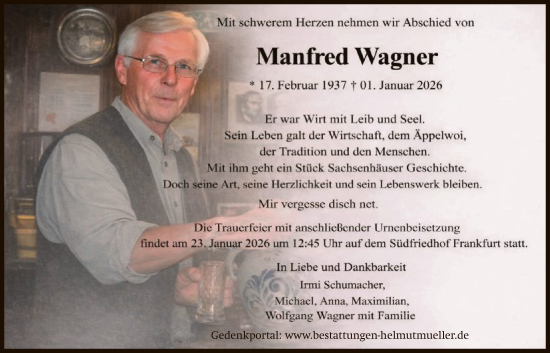 Traueranzeige von Manfred Wagner von FNP