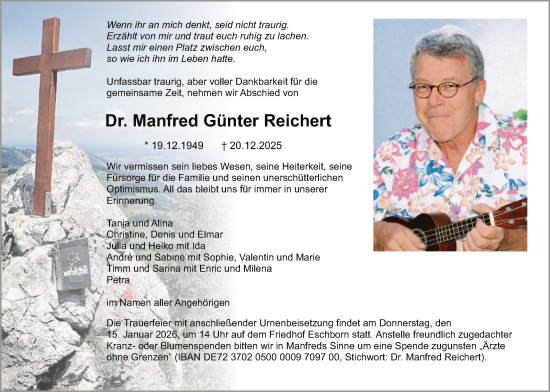 Traueranzeige von Manfred Günter Reichert von FNP