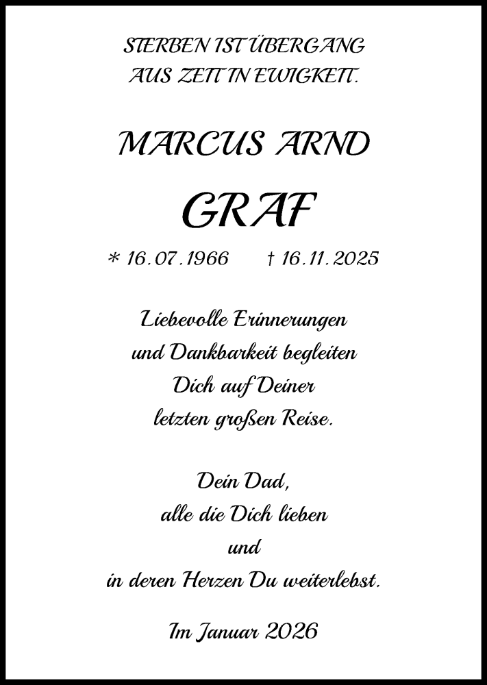  Traueranzeige für Marcus Arnd Graf vom 17.01.2026 aus OFOP