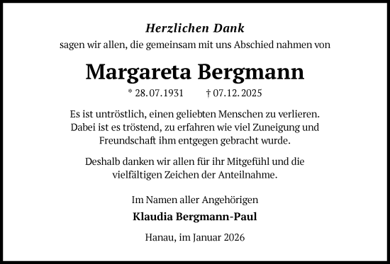 Traueranzeige von Margareta Bergmann von OFOP