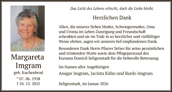 Traueranzeige von Margareta Imgram von OF0L