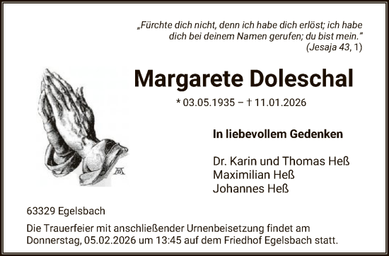 Traueranzeige von Margarete Doleschal von OF0W