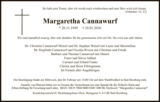 Traueranzeige von Margaretha Cannawurf von FNP