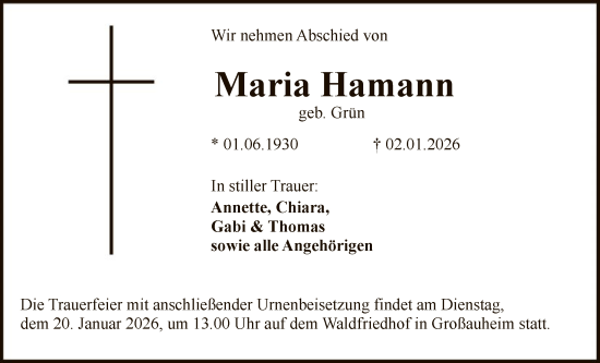 Traueranzeige von Maria Hamann von OFHA