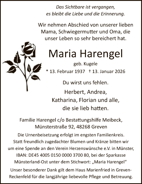 Traueranzeige von Maria Harengel von FNP