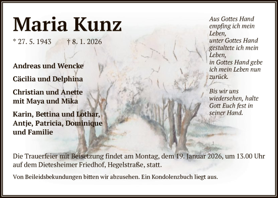 Traueranzeige von Maria Kunz von OFOP