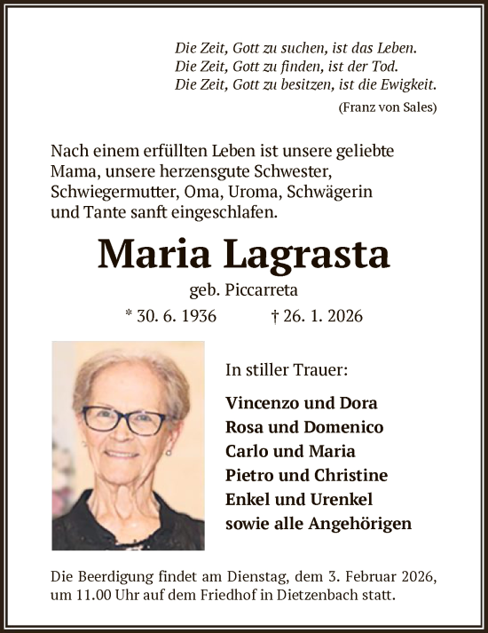 Traueranzeige von Maria Lagrasta von OFOP
