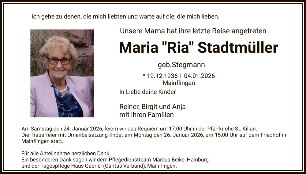  Traueranzeige für Maria Stadtmüller vom 17.01.2026 aus OF0L