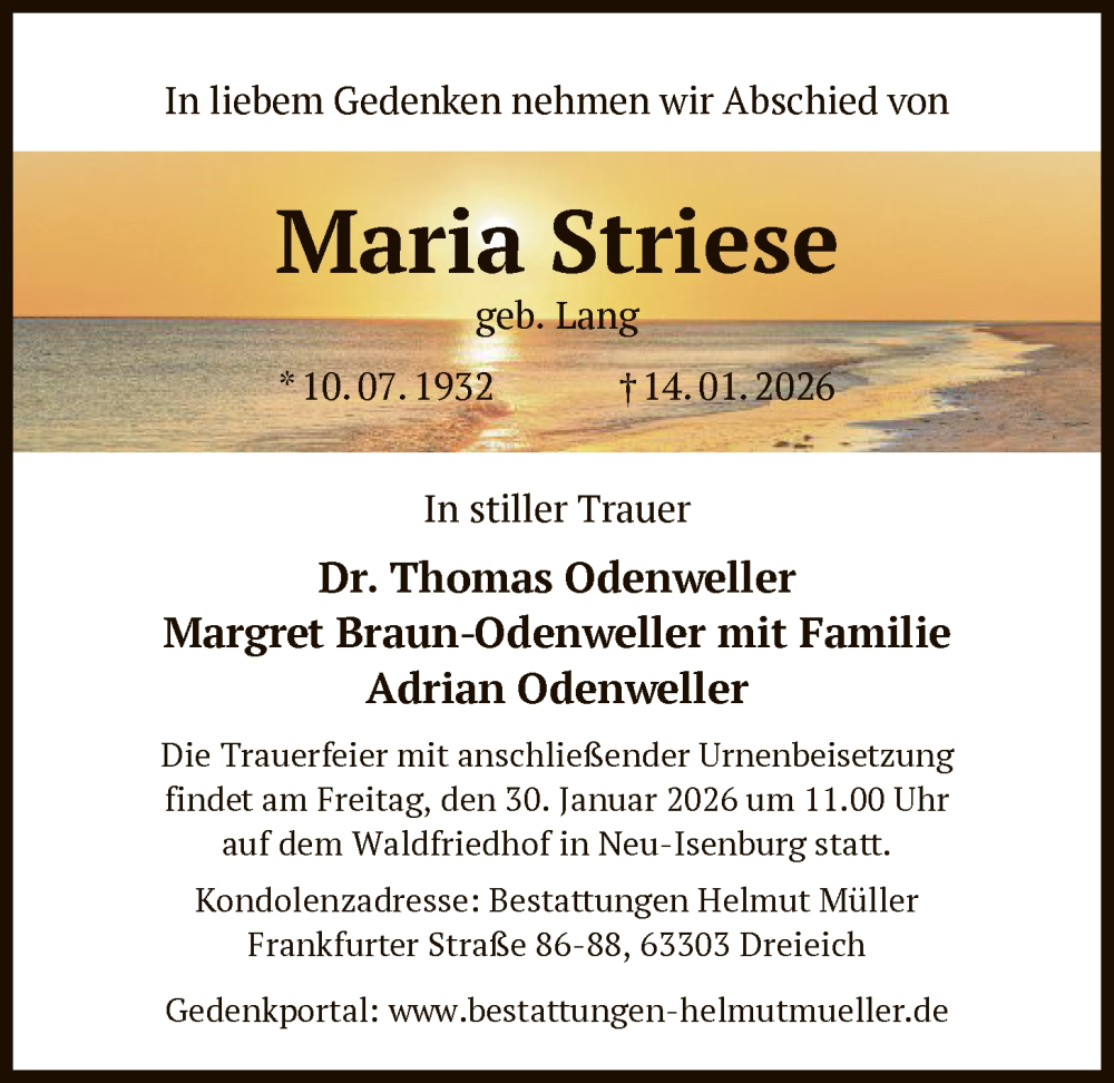  Traueranzeige für Maria Striese vom 24.01.2026 aus OF0W
