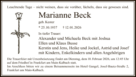 Traueranzeige von Marianne Beck von FNP