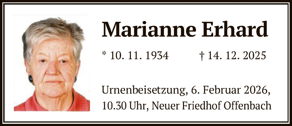  Traueranzeige für Marianne Erhard vom 31.01.2026 aus OFOP