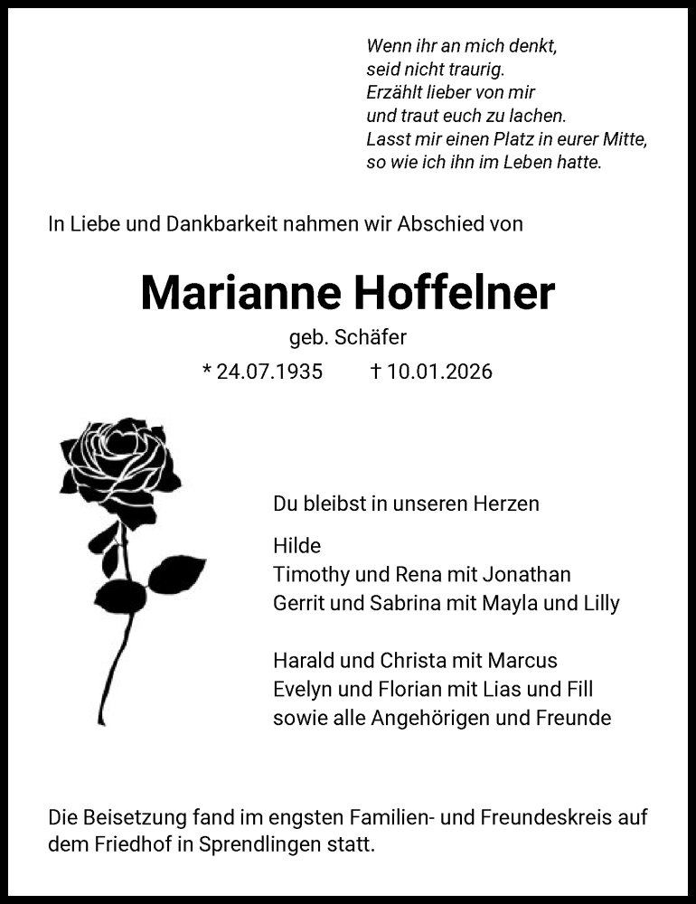  Traueranzeige für Marianne Hoffelner vom 31.01.2026 aus OF0W