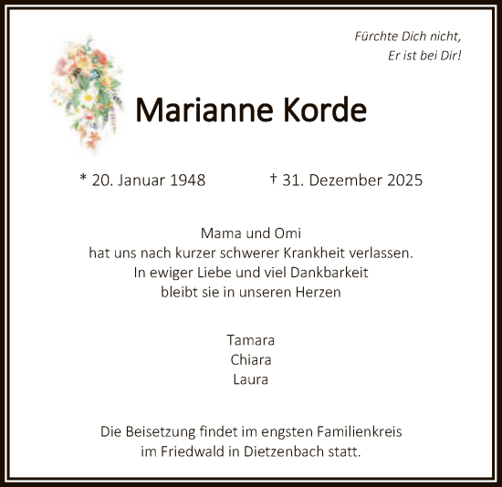 Traueranzeige von Marianne Korde von FNP