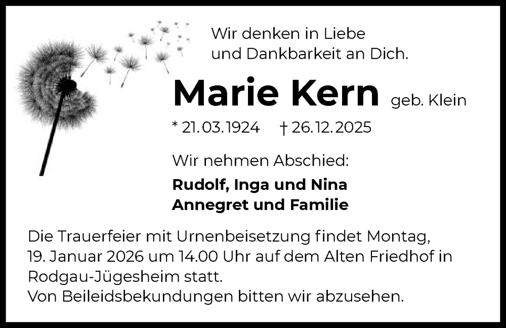  Traueranzeige für Marie Kern vom 10.01.2026 aus OF0L