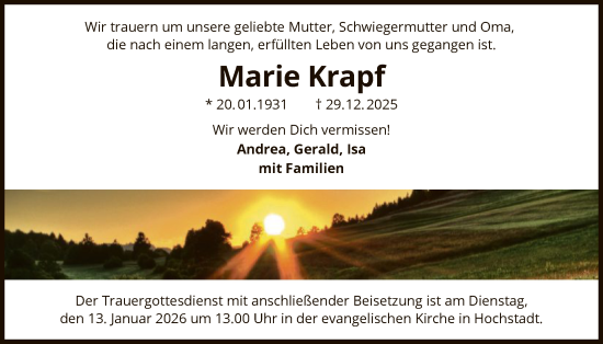 Traueranzeige von Marie Krapf von OFHA