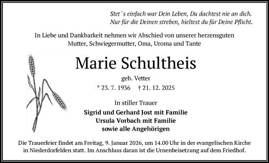 Traueranzeige von Marie Schultheis von OFHA