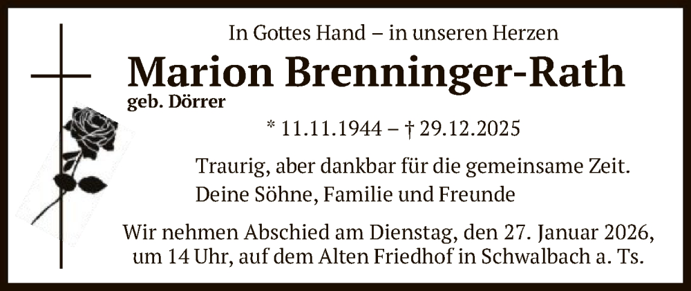  Traueranzeige für Marion Brenninger-Rath vom 24.01.2026 aus FNP