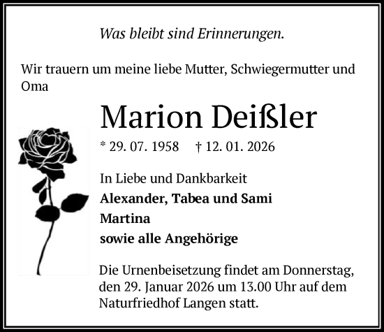 Traueranzeige von Marion Deißler von OFOP
