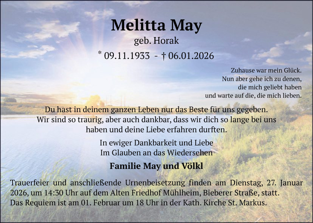  Traueranzeige für Melitta May vom 17.01.2026 aus OFOP