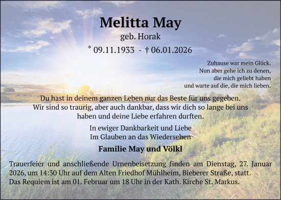 Traueranzeige von Melitta May von OFOP