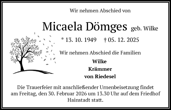 Traueranzeige von Micaela Dömges von OF0L