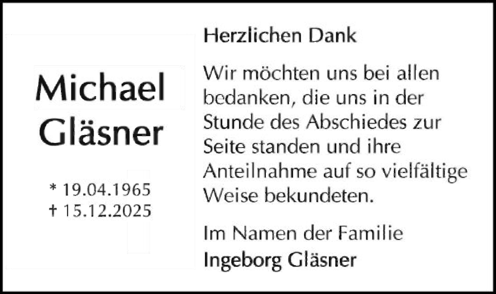 Traueranzeige für Michael Gläsner vom 24.01.2026 aus OFOP