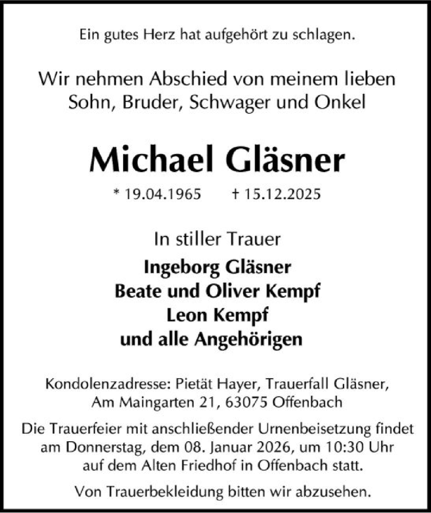  Traueranzeige für Michael Gläsner vom 03.01.2026 aus OFOP