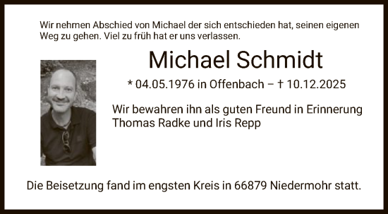 Traueranzeige von Michael Schmidt von OFHA