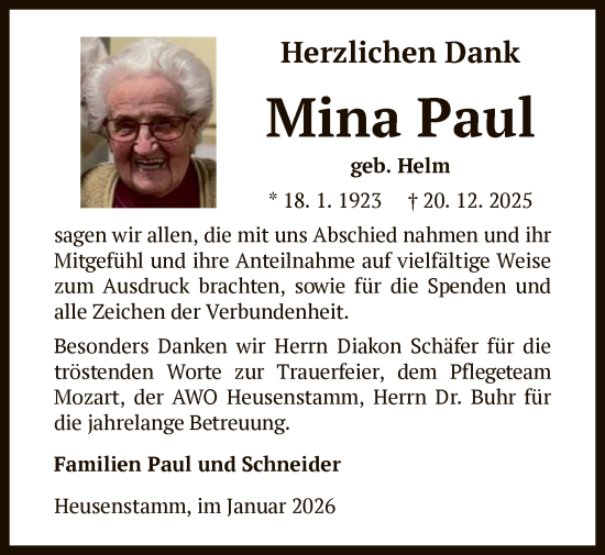 Traueranzeige von Mina Paul von OFOP