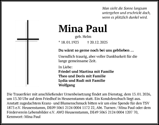 Traueranzeige von Mina Paul von OFOP