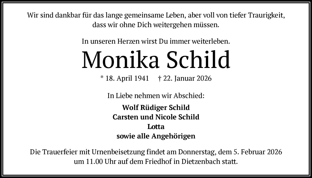  Traueranzeige für Monika Schild vom 31.01.2026 aus OFOP