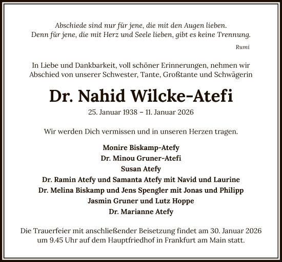 Traueranzeige von Nahid Wilcke-Atefi von FNP