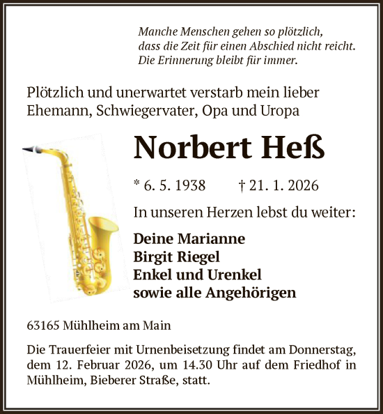 Traueranzeige von Norbert Heß von OFOP