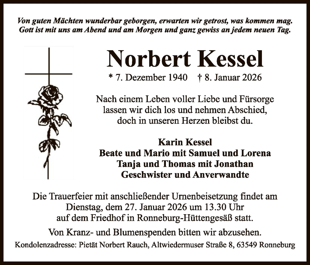  Traueranzeige für Norbert Kessel vom 17.01.2026 aus OFHA
