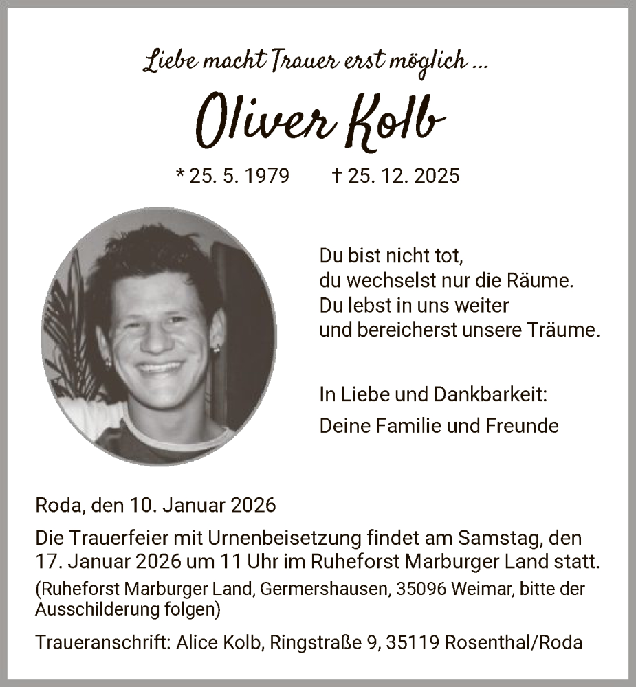 Traueranzeige für Oliver Kolb vom 10.01.2026 aus OFHA
