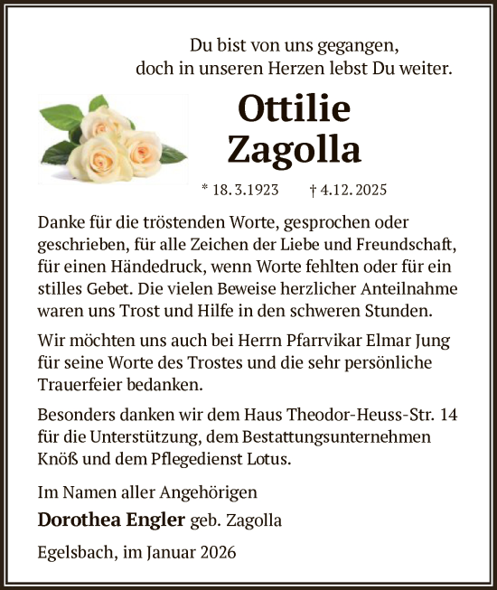 Traueranzeige von Ottilie Zagolla von OFOP