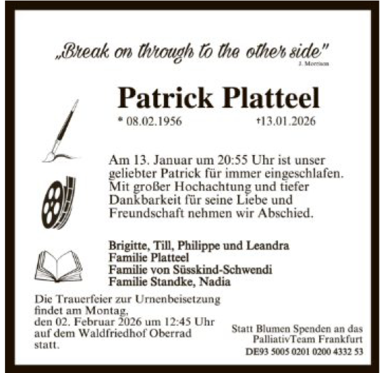 Traueranzeige von Patrick Platteel von FNP