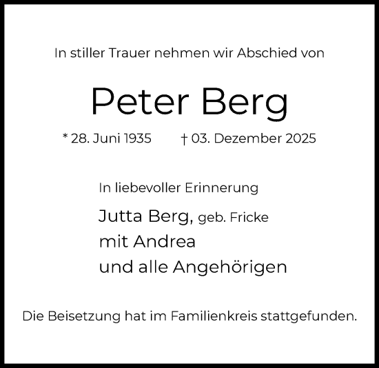 Traueranzeige von Peter Berg von FNP
