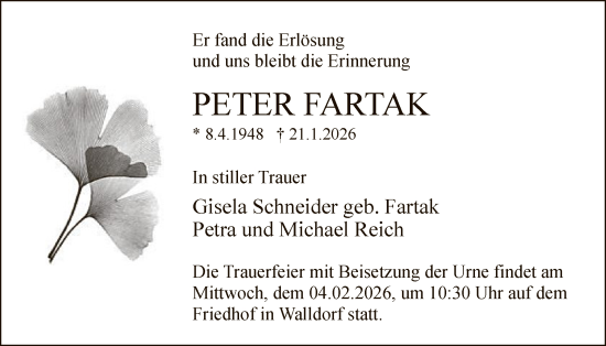 Traueranzeige von Peter Fartak von OFMF