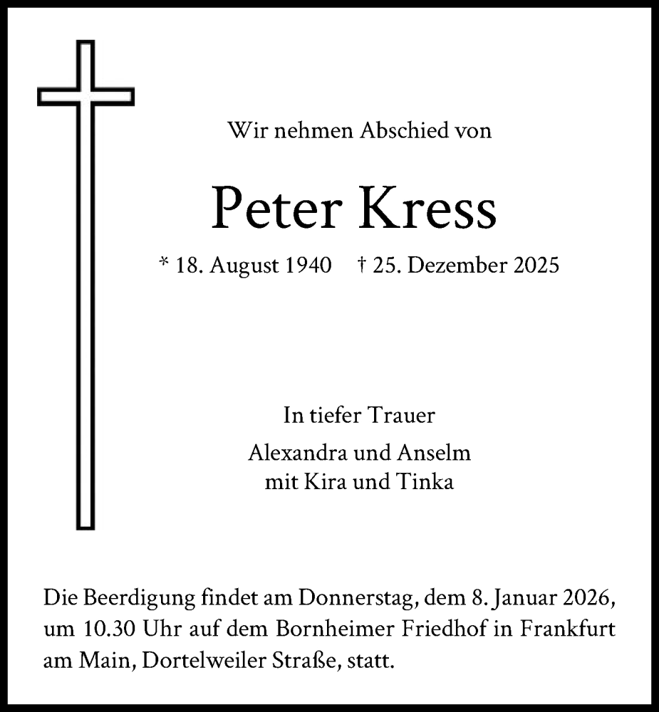  Traueranzeige für Peter Kress vom 05.01.2026 aus FNP
