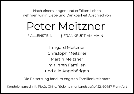 Traueranzeige von Peter Meitzner von FNP