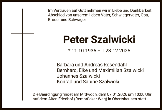 Traueranzeige von Peter Szalwicki von OF0T