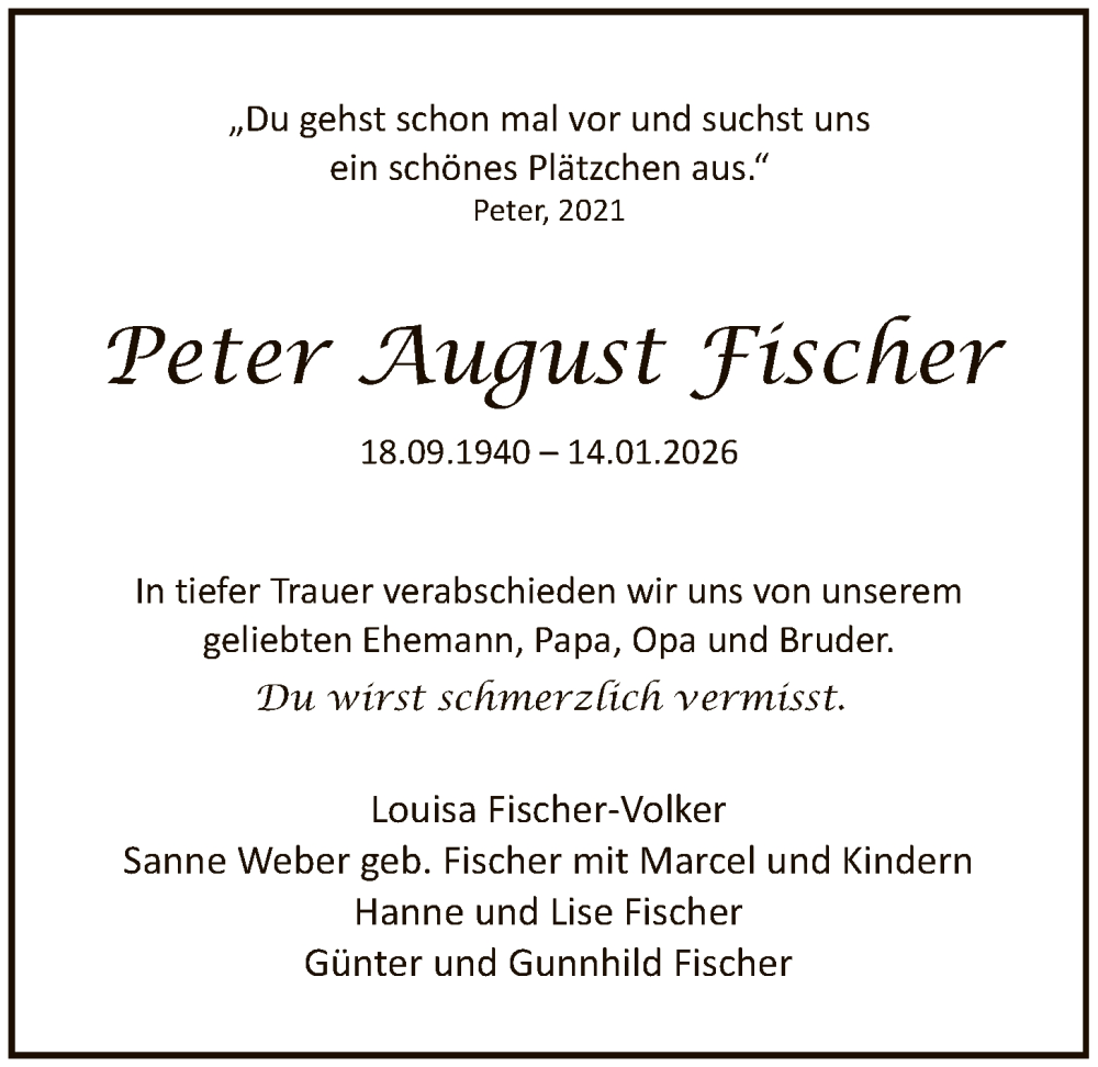  Traueranzeige für Peter August Fischer vom 24.01.2026 aus FNP