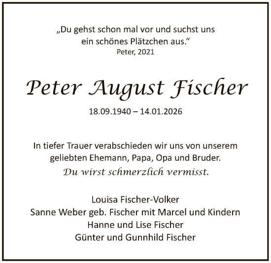 Traueranzeige von Peter August Fischer von FNP