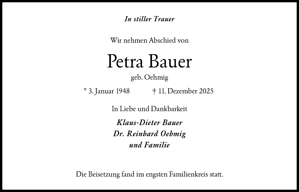  Traueranzeige für Petra Bauer vom 24.01.2026 aus OFHA