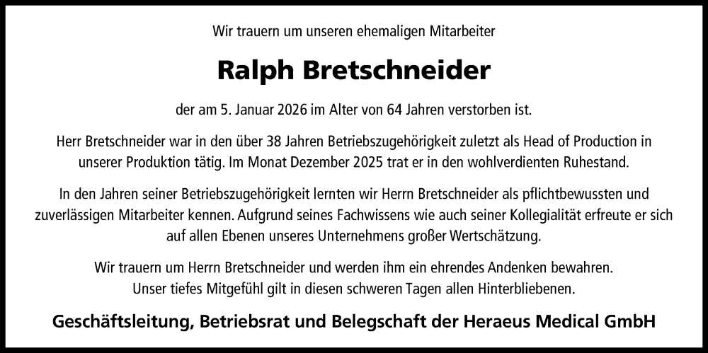 Traueranzeige für Ralph Bretschneider vom 17.01.2026 aus FNP